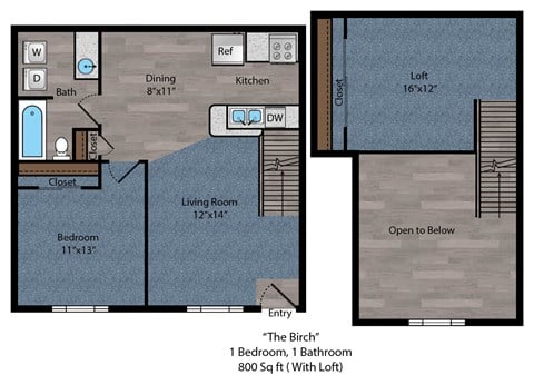 Floor plan for 1 bed, 1 bath, 800 sqft